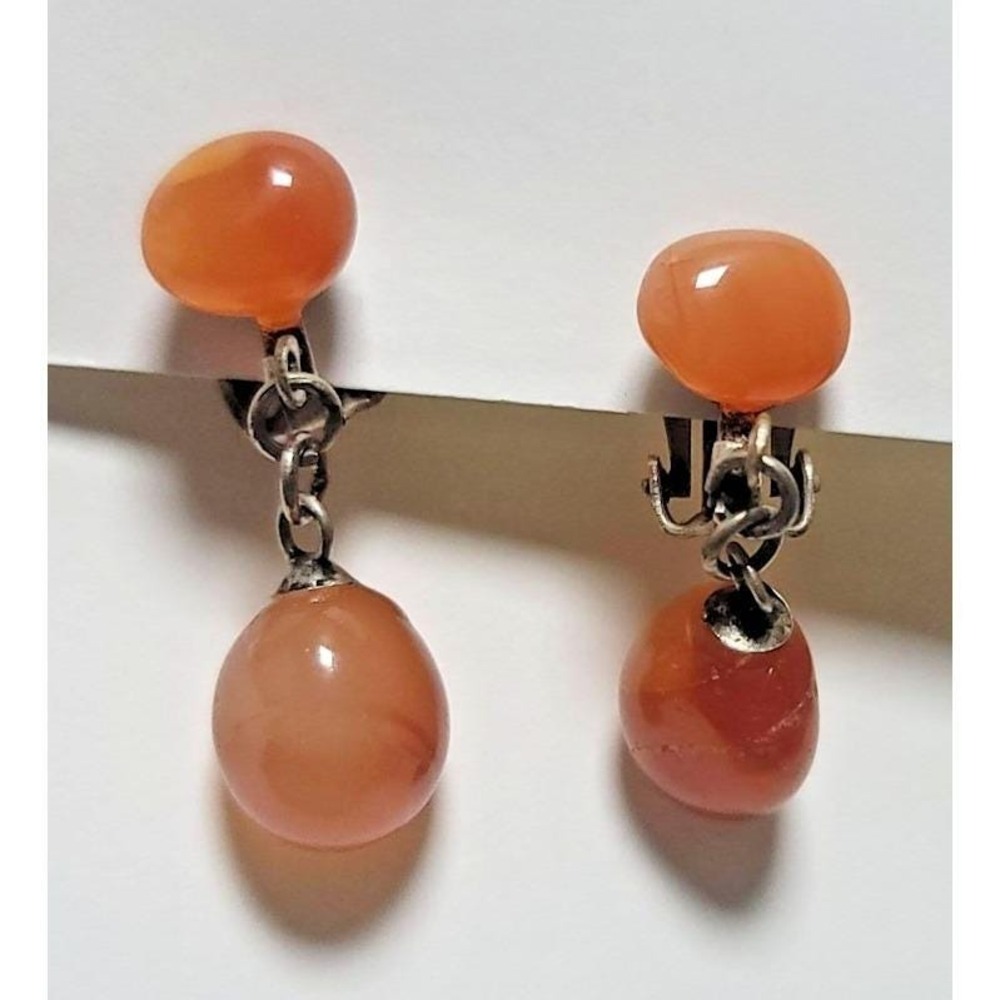 Vintage Silver Tone Carnelian Gemstone Dangle Drop Earrings Womens Clip On Style